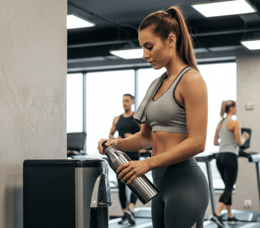 Woman in a gym filling up her water bottle from a bottleless water cooler