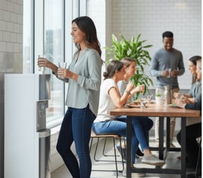 Woman in office lunchroom filling glass from bottleless water cooler